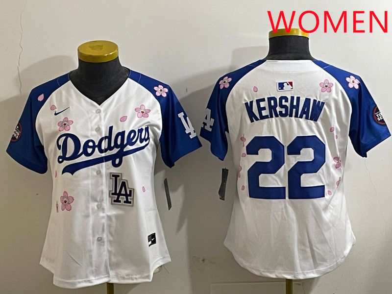 Women Los Angeles Dodgers #22 Kershaw White Blue Sakura Edition 2025 Nike MLB Jersey style 9
